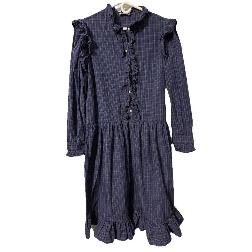 BATSHEVA Dress Prairie Cottagcore Ochre Blue Plaid Frill Collar Cuff Size 12
